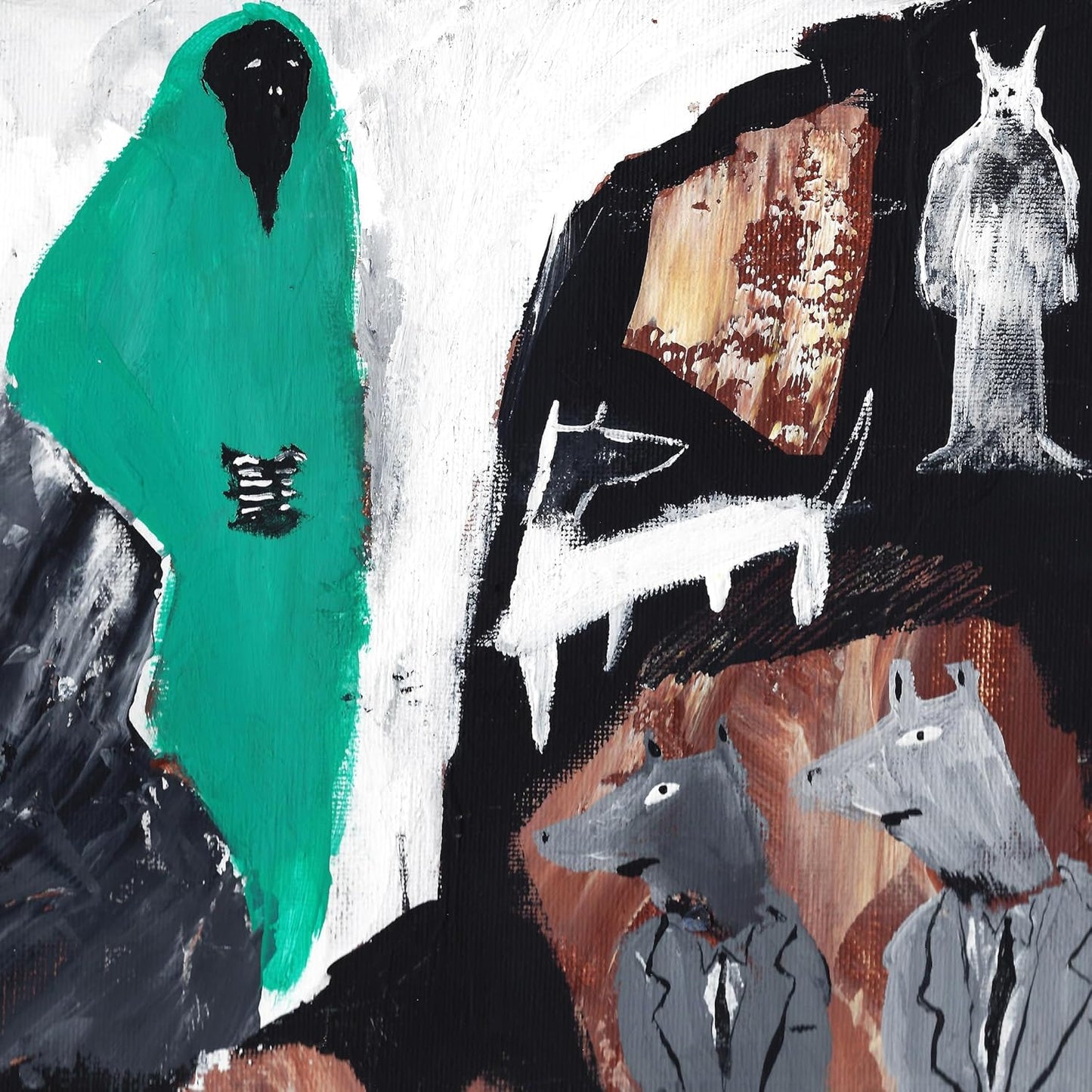 Painted album cover featuring stylized green, gray, and brown animal figures.