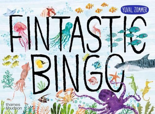 Colorful watercolor illustration of sea creatures and the title “Fintastic Bingo”.