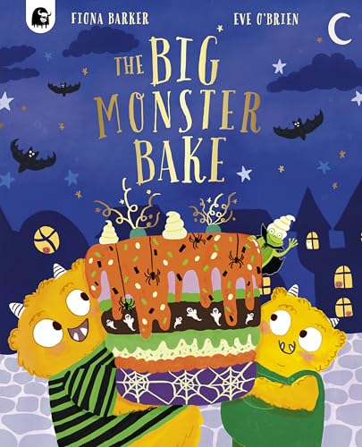 Book cover: monsters with a decorated Halloween cake under a night sky.