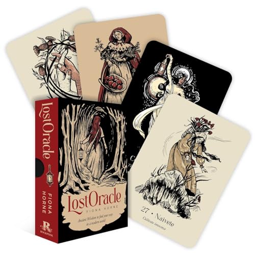 Lost Oracle deck box and four illustrated cards featuring mystical figures in a folk style.