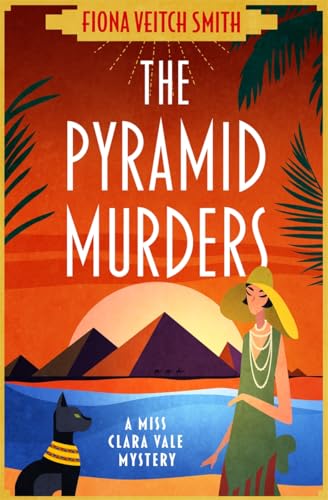 Book cover: pyramids, a woman in a hat, and a black cat.