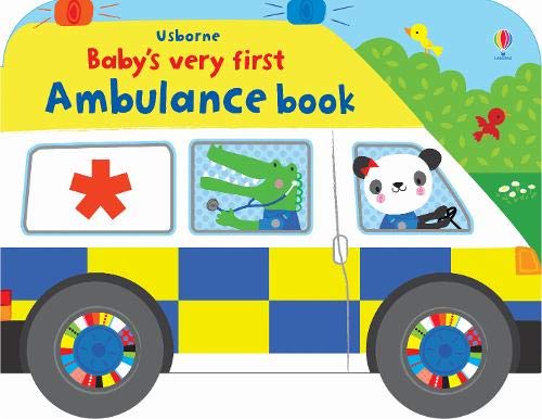 Bright yellow ambulance book with animal characters inside, for babies.