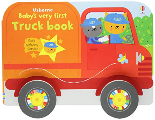 Red truck book cover with cartoon cat and bear driving.