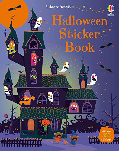 Halloween sticker book cover with a spooky haunted house and ghosts.