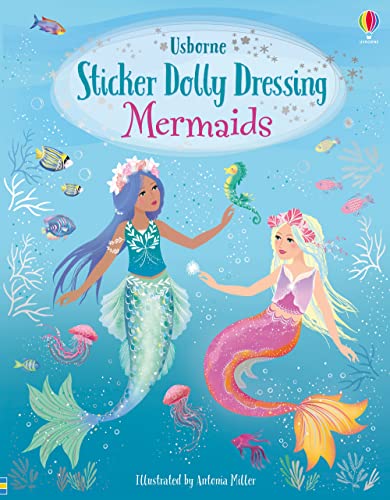 Two mermaids swim underwater surrounded by fish, jellyfish, and coral on a blue background.
