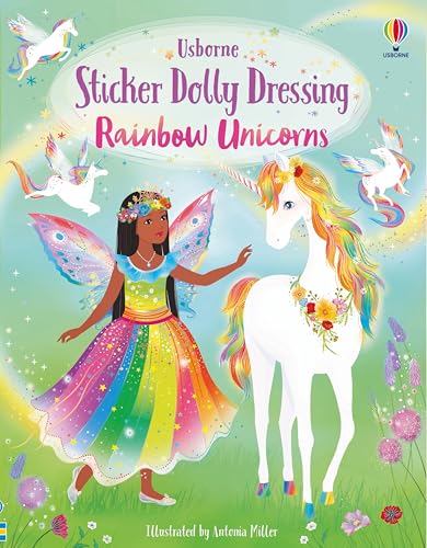 A fairy in a rainbow dress stands with a unicorn in a magical meadow.