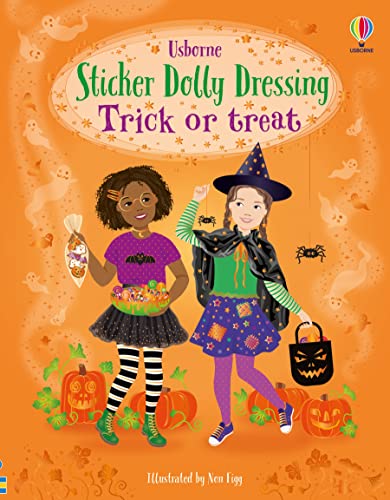 Halloween sticker book cover with two girls in costumes and pumpkins.