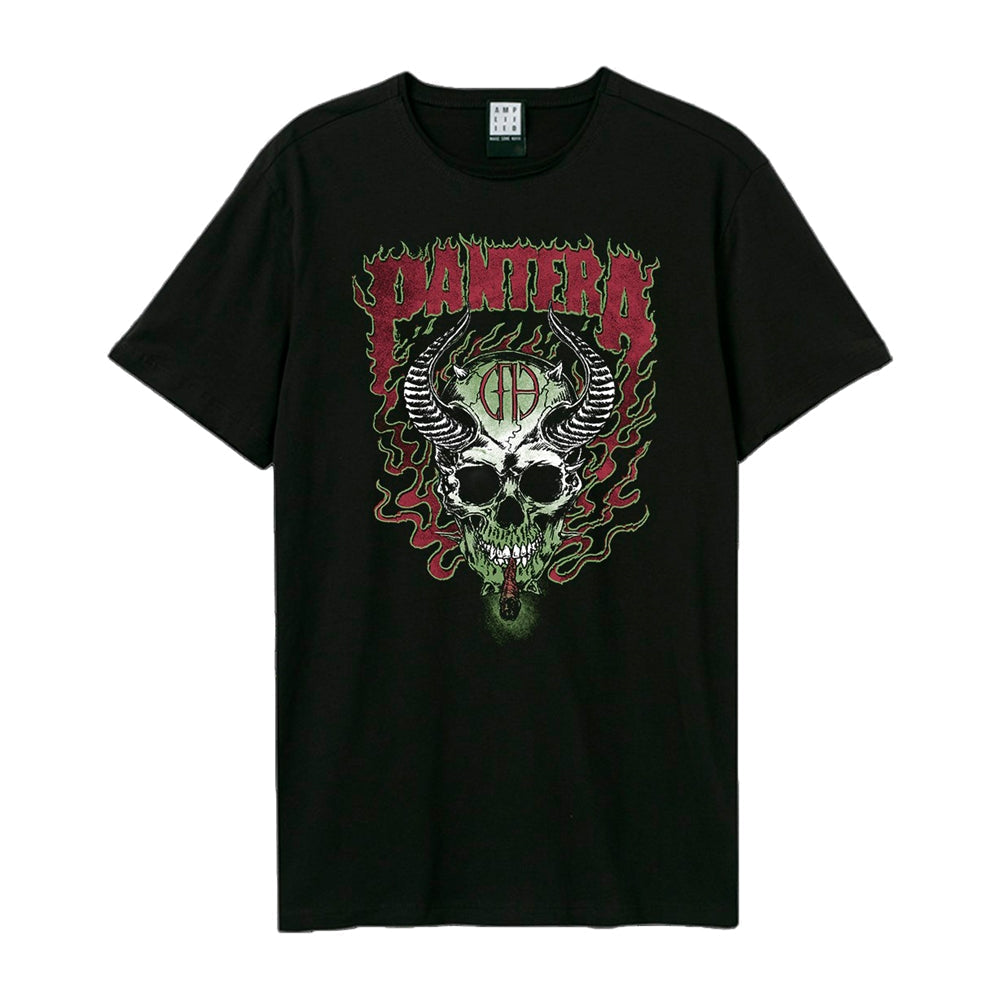 Black t-shirt with a green and pink flaming skull graphic.