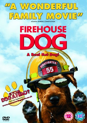 "Dog wearing firefighter helmet and sunglasses on DVD cover against a cloudy sky background."
