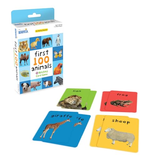 First 100 Animals card game box with several animal cards displayed on a white surface.