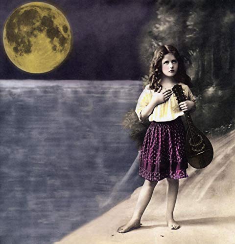 Young girl with guitar stands before a large moon and water.