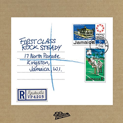 Vinyl record cover resembling a vintage Jamaican postcard with stamps.