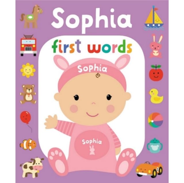 Book cover with cartoon baby Sophia and colorful illustrated objects.