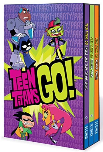 Teen Titans Go! book set with colorful cartoon characters on a purple background.