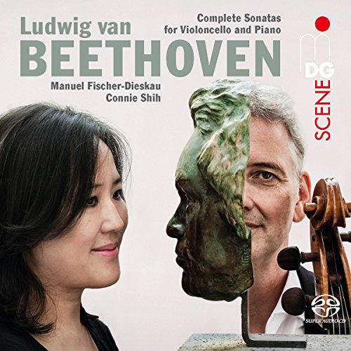 CD cover featuring portraits, a bust, and a cello, for Beethoven sonatas.