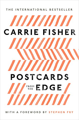 Book cover of Postcards From the Edge by Carrie Fisher with orange diagonal stripes.