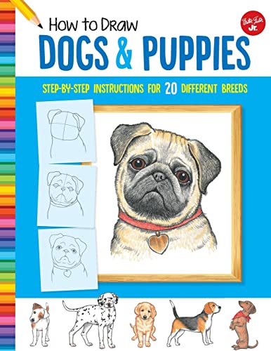Book cover featuring a pug drawing and step-by-step sketches of various dog breeds.