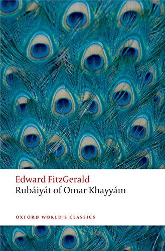 Book cover featuring peacock feathers with text for Rubáiyát of Omar Khayyám by Edward FitzGerald.