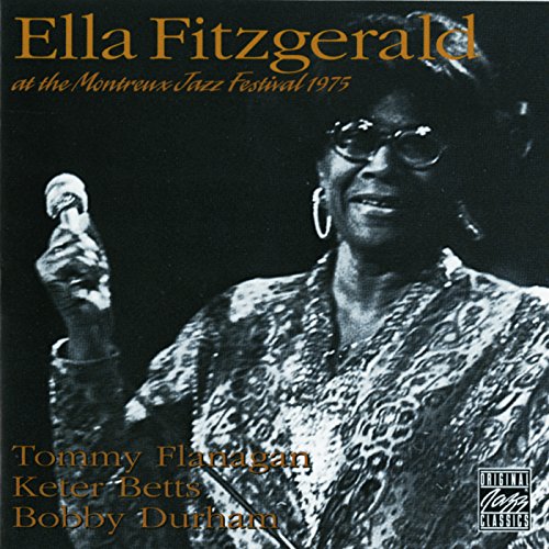 Black and white album cover featuring Ella Fitzgerald holding a microphone, text in gold overlay.
