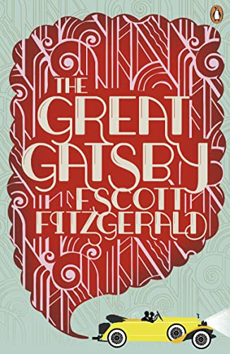 Book cover of "The Great Gatsby" with art deco design and a car.
