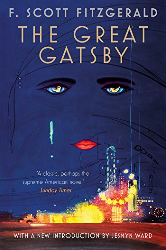 Book cover of The Great Gatsby featuring stylized eyes and red lips over city lights.