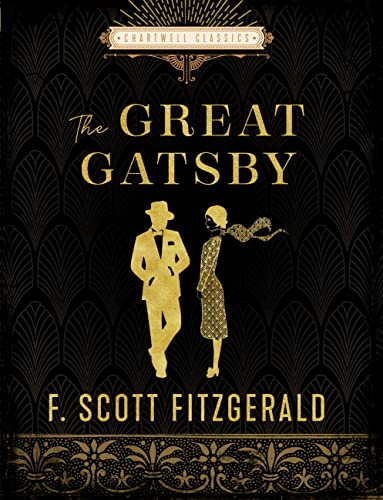 Book cover of The Great Gatsby featuring gold silhouettes on a black art deco background.