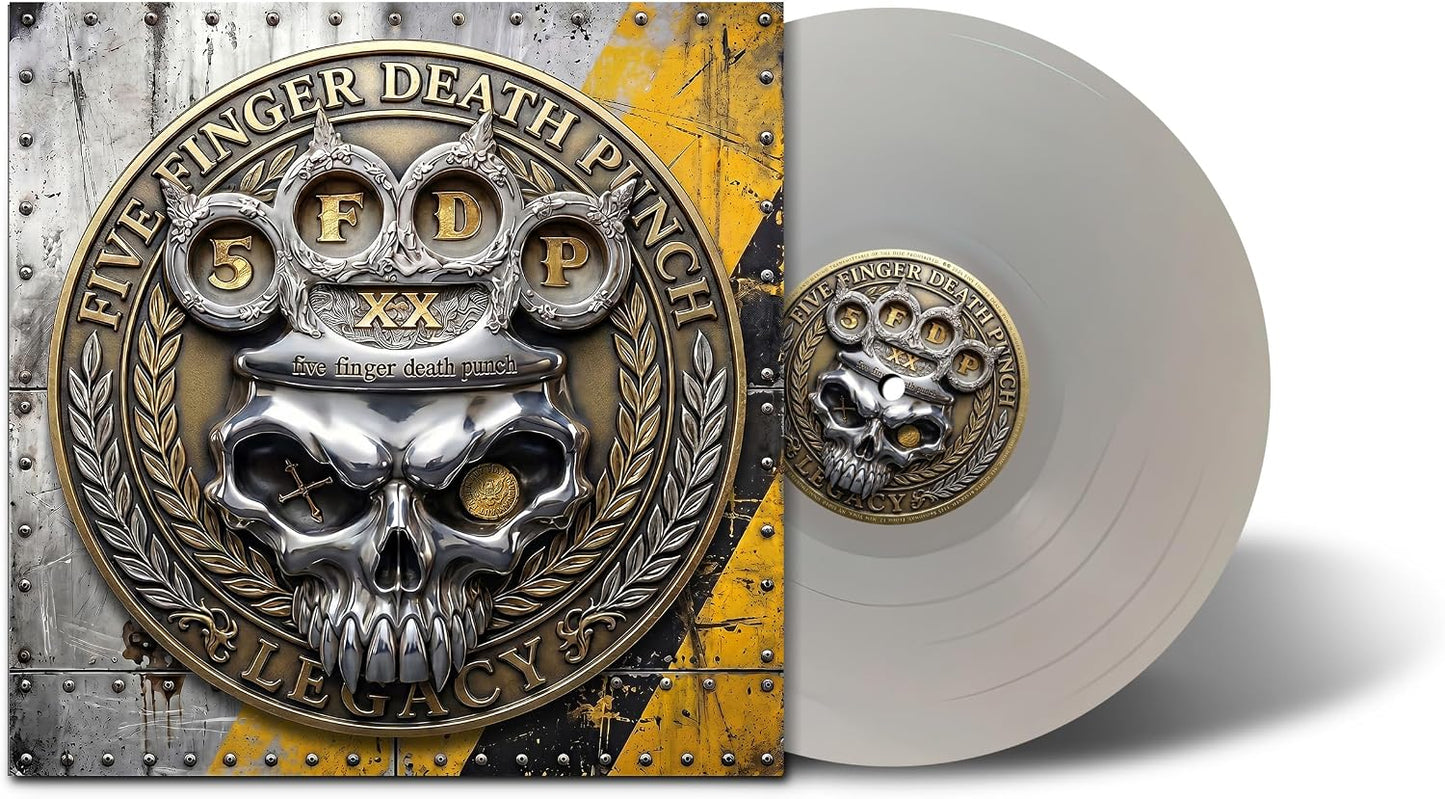 Five Finger Death Punch "Legacy" vinyl record with skull and brass knuckles design.