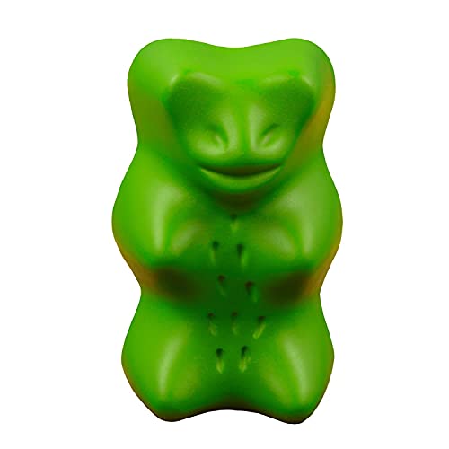 Green gummy bear shaped stress toy against a white background.