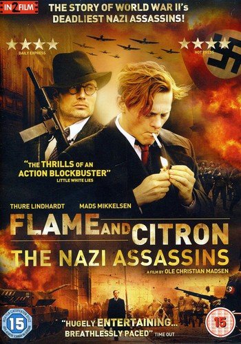 DVD cover for "Flame and Citron: The Nazi Assassins" featuring two men in suits.