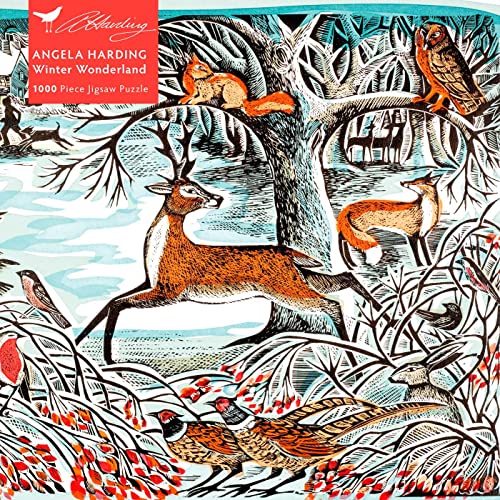 Stylized illustration of a deer, fox, owl, and other wildlife in a winter forest.