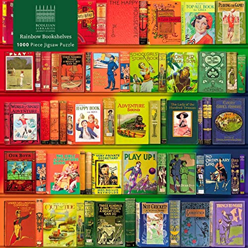 A 1000-piece jigsaw puzzle box featuring rows of colorful vintage books on shelves.