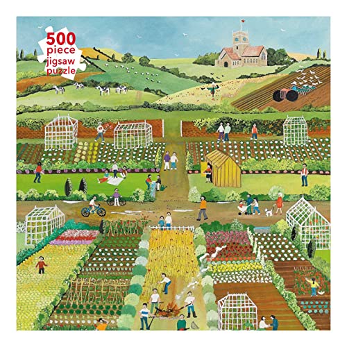 Colorful painting of allotments with people gardening and a village church.