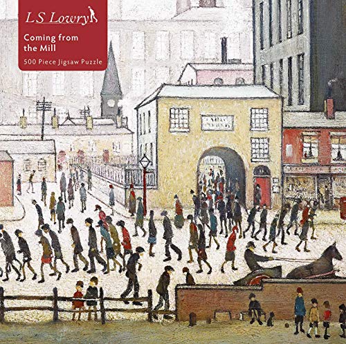L.S. Lowry painting of workers leaving a mill, crowded street scene.