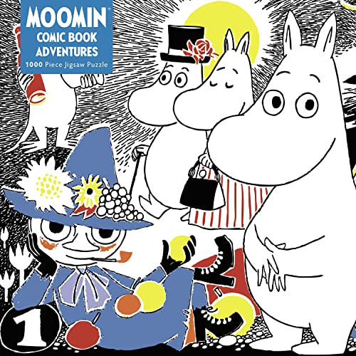 Jigsaw puzzle with Moomin comic strip scene, variously colored interlocking pieces, adult difficulty.