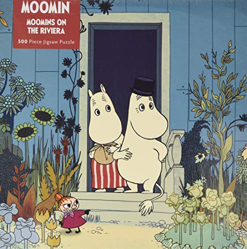 Moomin characters stand by a doorway surrounded by flowers and foliage.