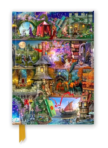 A journal cover featuring a vibrant, layered collage of fairy tale scenes and castles.