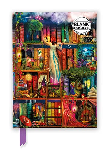 Fantasy illustration of bookshelves with a woman holding a lantern.