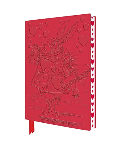 Red notebook embossed with the White Rabbit from Alice in Wonderland and heart patterns.