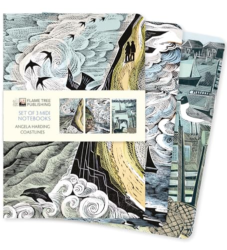 Set of three notebooks with coastal linocut illustrations.