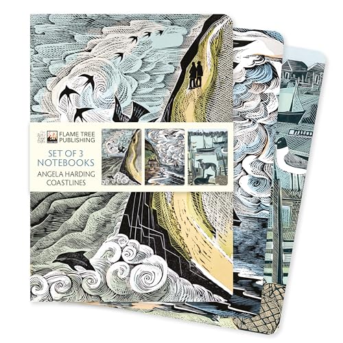 Three notebooks with Angela Harding’s coastal woodcut-style illustrations.