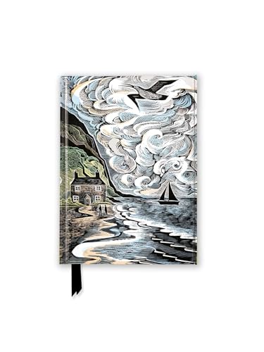 A journal cover featuring a linocut-style coastal scene with a cottage, sailboat, and bird.