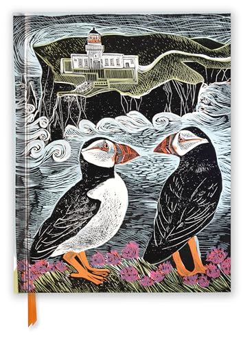 Linocut style illustration of two puffins standing before a lighthouse on a cliffside.