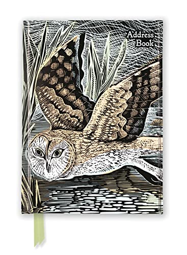 An address book cover featuring a stylized linocut illustration of a marsh owl flying.