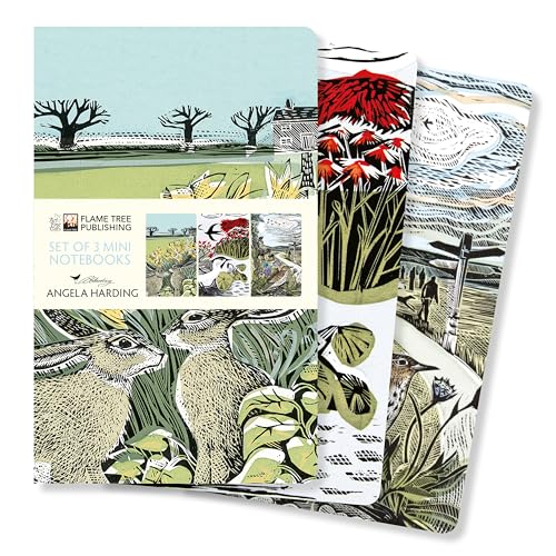 Three Angela Harding mini notebooks featuring nature-themed linocut illustrations of hares, birds, and landscapes.