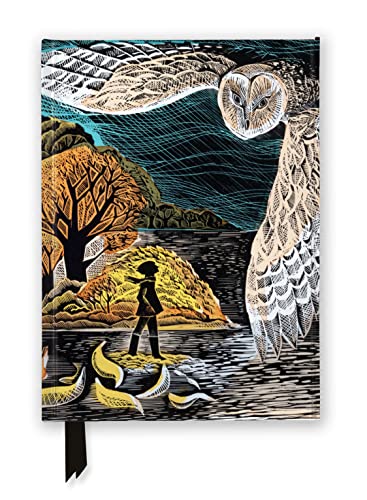 A journal cover featuring a large owl flying over a person near a lake.