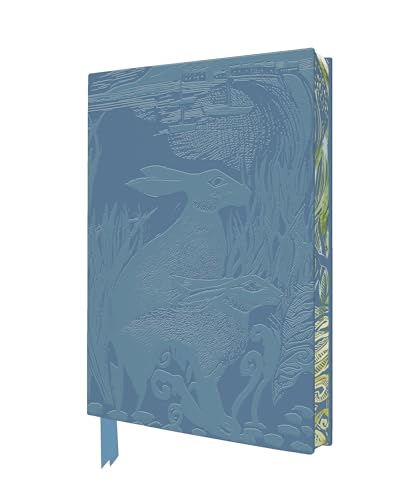 Blue notebook with embossed hares, grass, and a coastal scene, featuring a ribbon marker.