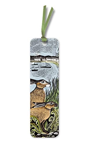 Bookmark depicting two hares amongst reeds, with a coastal scene above.