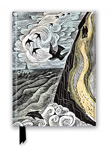 A notebook cover featuring a stylized linocut print of birds, sea, and coastal cliffs.
