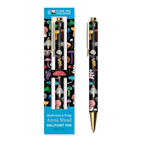Black ballpoint pen with colorful mushroom and fungi pattern, in packaging.