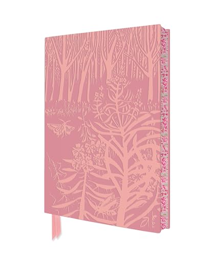 Pink notebook with a stylized relief print of trees, flowers, and a moth.